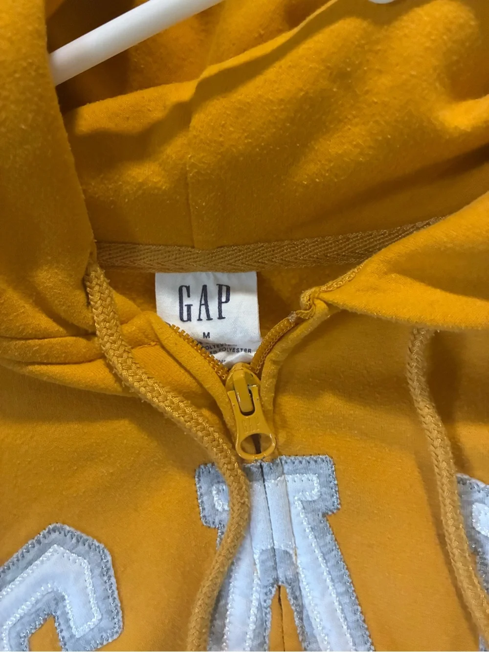 Gap yellow zip up hoodie with white arched logo, size M #gap